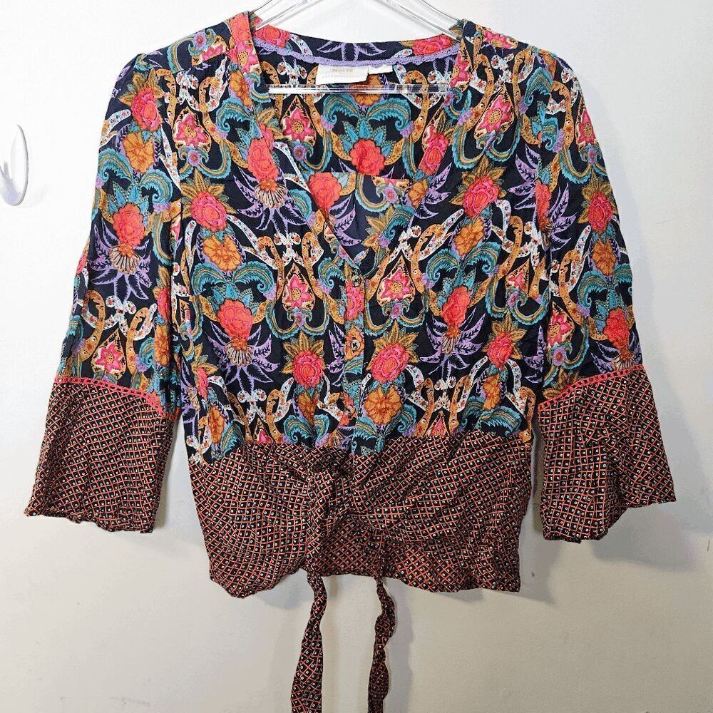 Anthropologie Maeve Carter Floral Tie Front Bell Sleeve Blouse Womens Multicolor